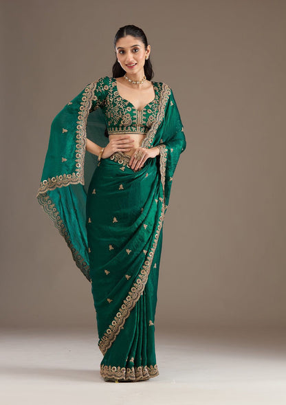 Green Heavy Embroidery Soft Silk Saree