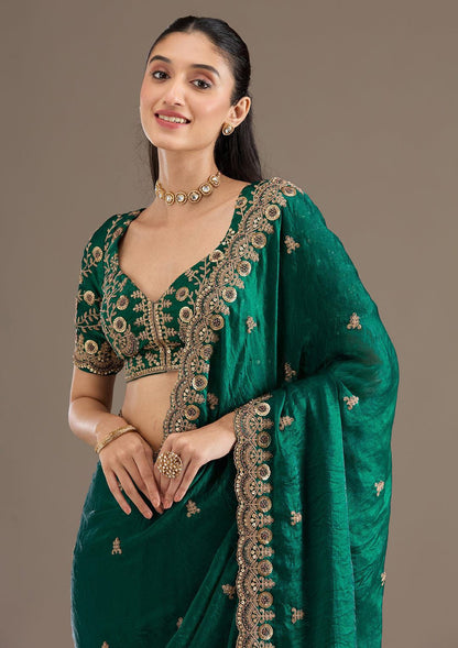 Green Heavy Embroidery Soft Silk Saree