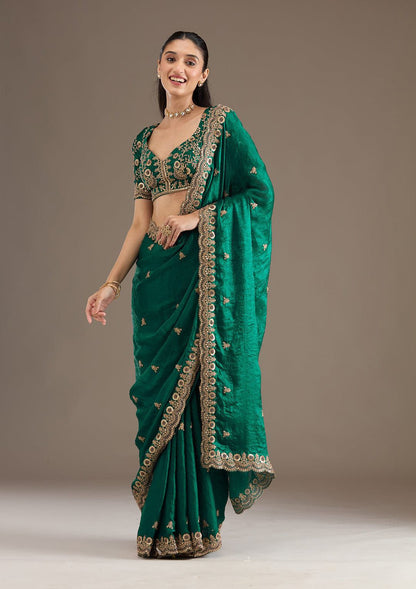 Green Heavy Embroidery Soft Silk Saree