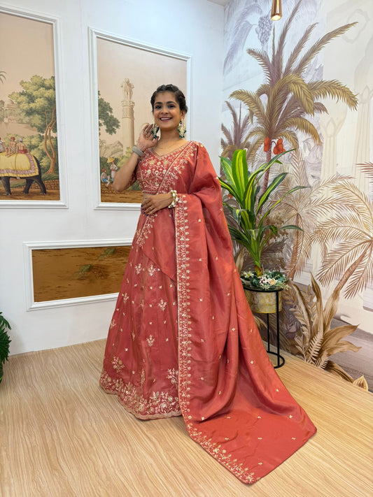 Rust Heavy Embroidery Wedding Lehenga