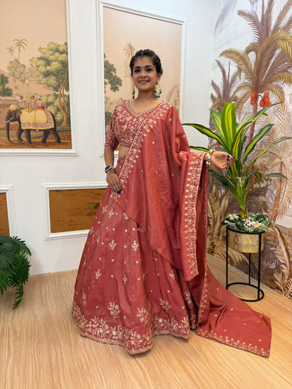 Rust Heavy Embroidery Wedding Lehenga