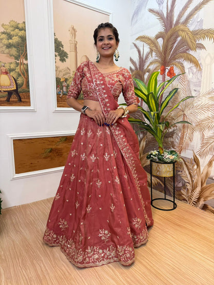Rust Heavy Embroidery Wedding Lehenga
