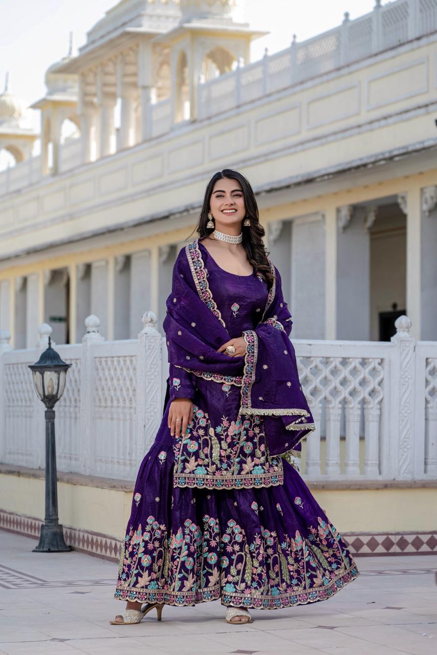 Purple Heavy Embroidery Gold Crush Kurti