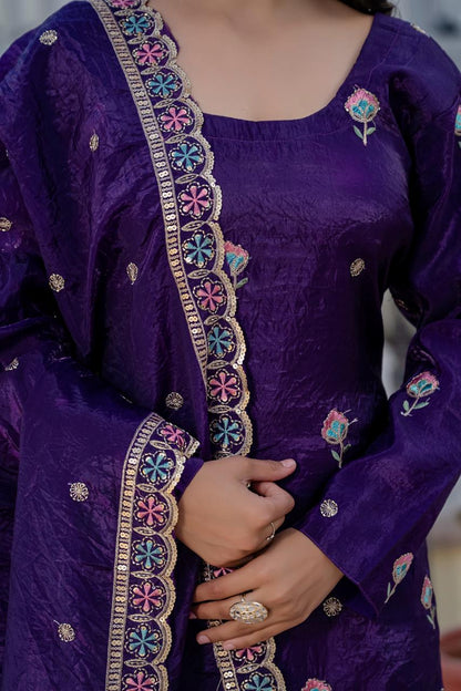 Purple Heavy Embroidery Gold Crush Kurti