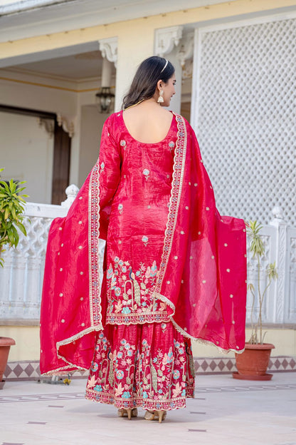 Red Diwali Special Three Piece Kurti
