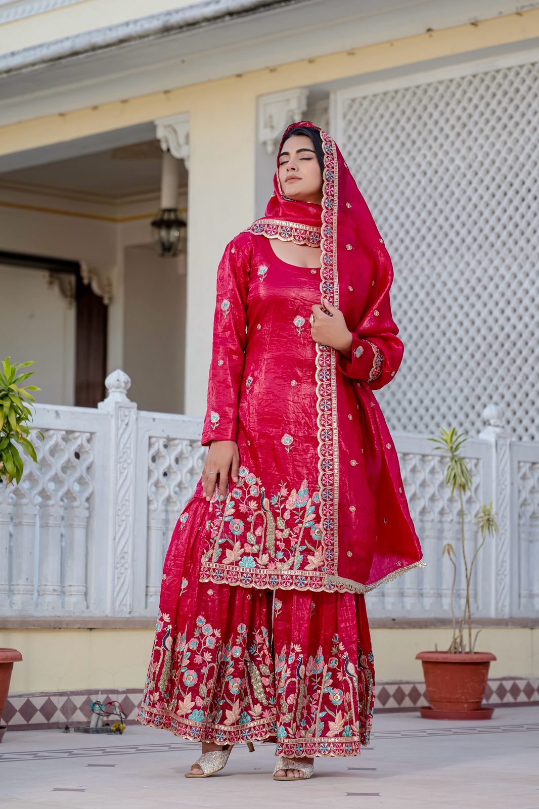 Red Diwali Special Three Piece Kurti