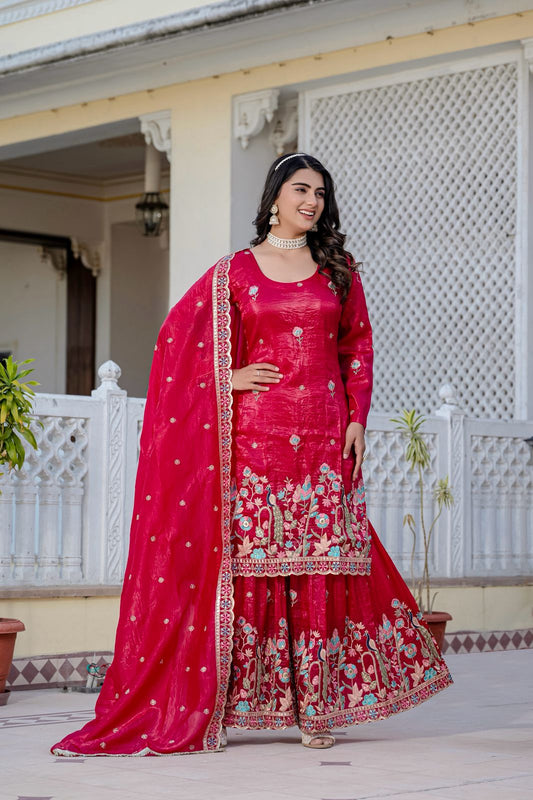 Red Diwali Special Three Piece Kurti