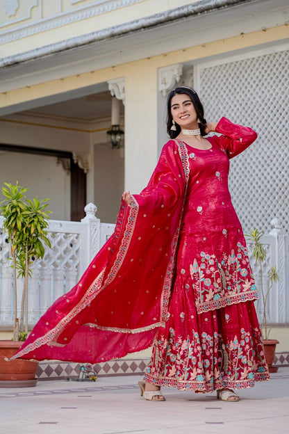 Red Diwali Special Three Piece Kurti