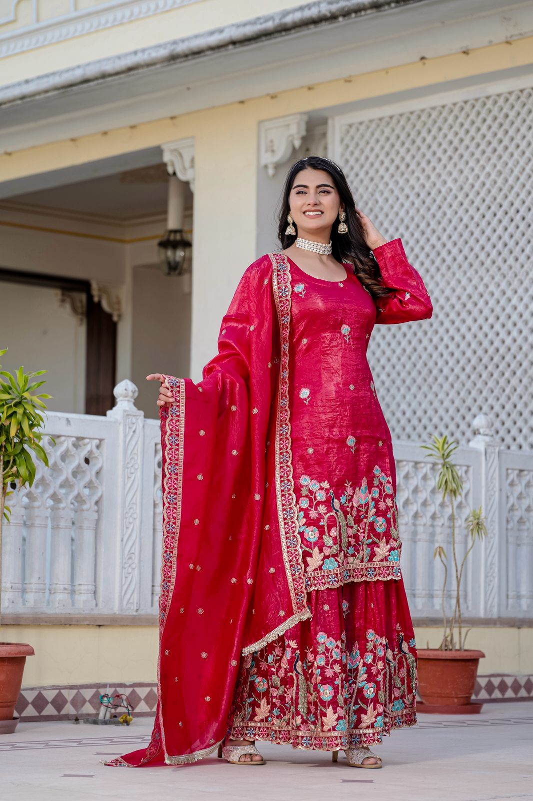 Red Diwali Special Three Piece Kurti