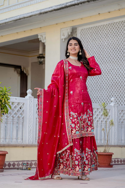 Red Diwali Special Three Piece Kurti