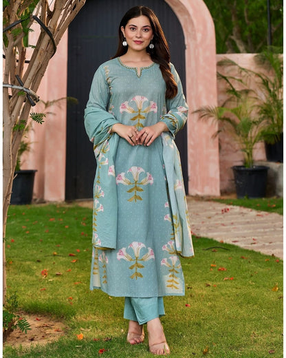 Dusty Blue Cotton Kurta, Pant, and Dupatta