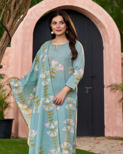 Dusty Blue Cotton Kurta, Pant, and Dupatta