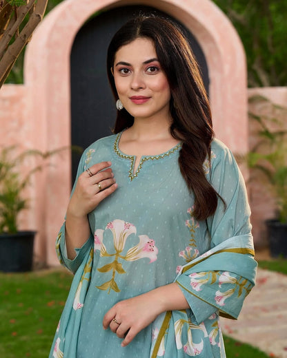 Dusty Blue Cotton Kurta, Pant, and Dupatta