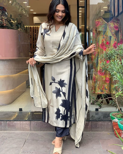 White & Grey Fully Elegant Pure Muslin Suit