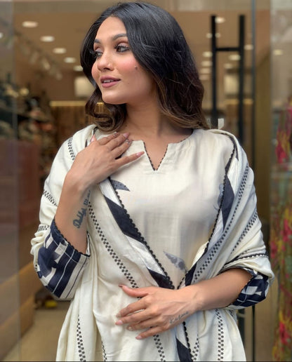 White & Grey Fully Elegant Pure Muslin Suit