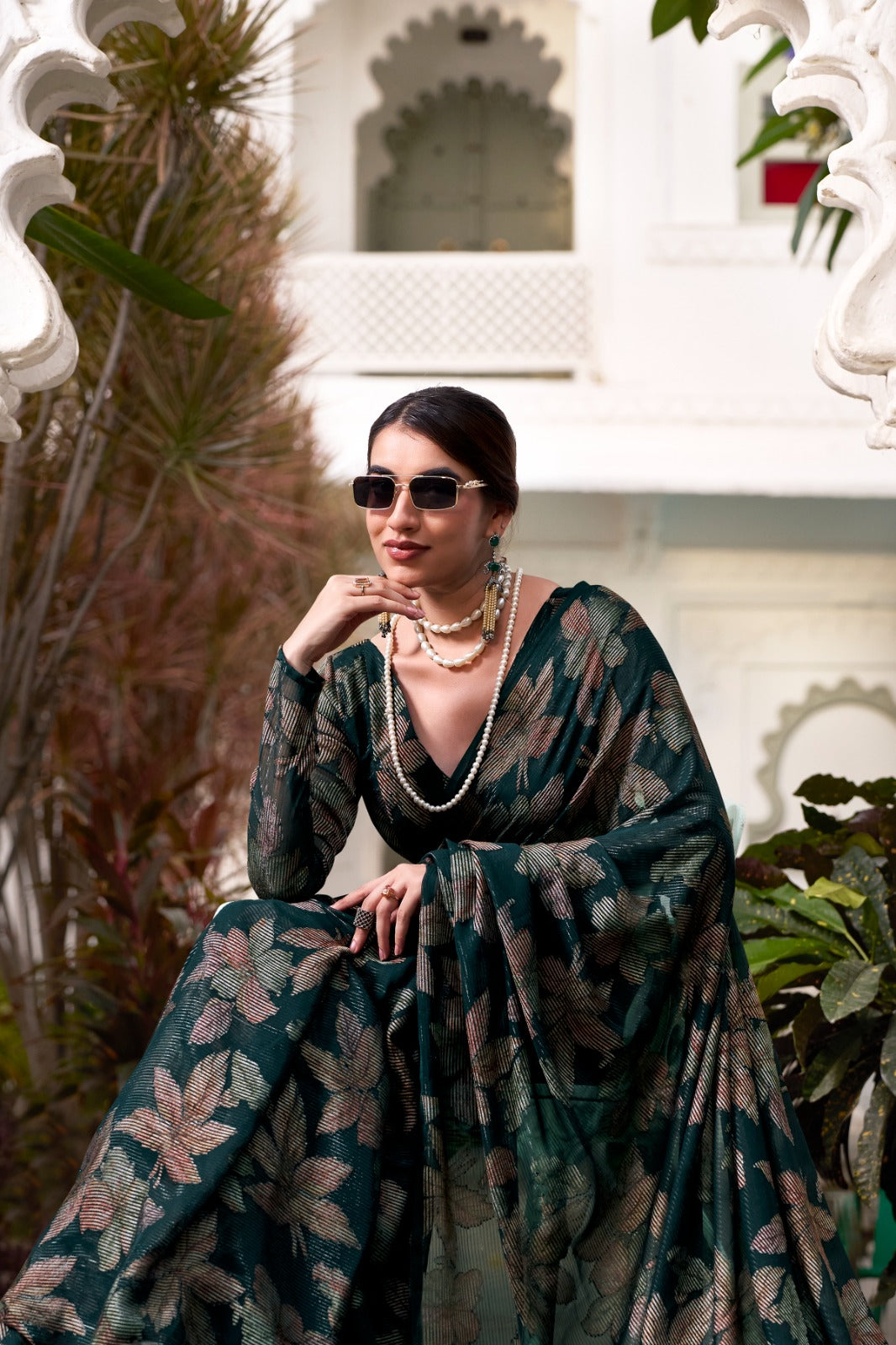 Forest Green Modern Floral Print Saree