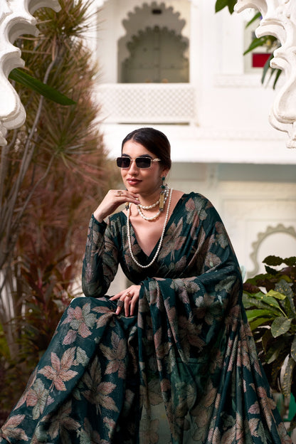 Forest Green Modern Floral Print Saree