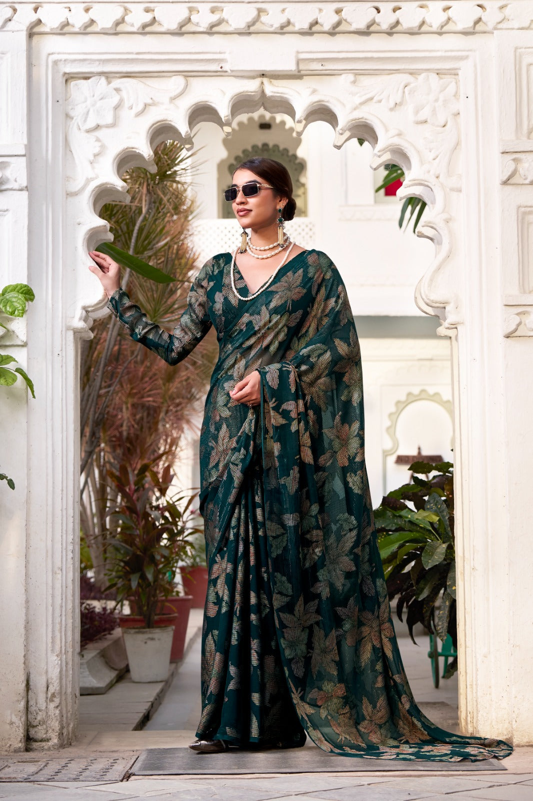 Forest Green Modern Floral Print Saree
