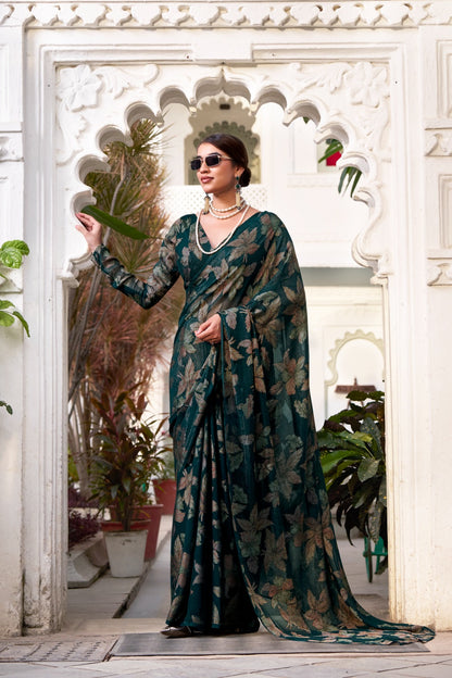 Forest Green Modern Floral Print Saree
