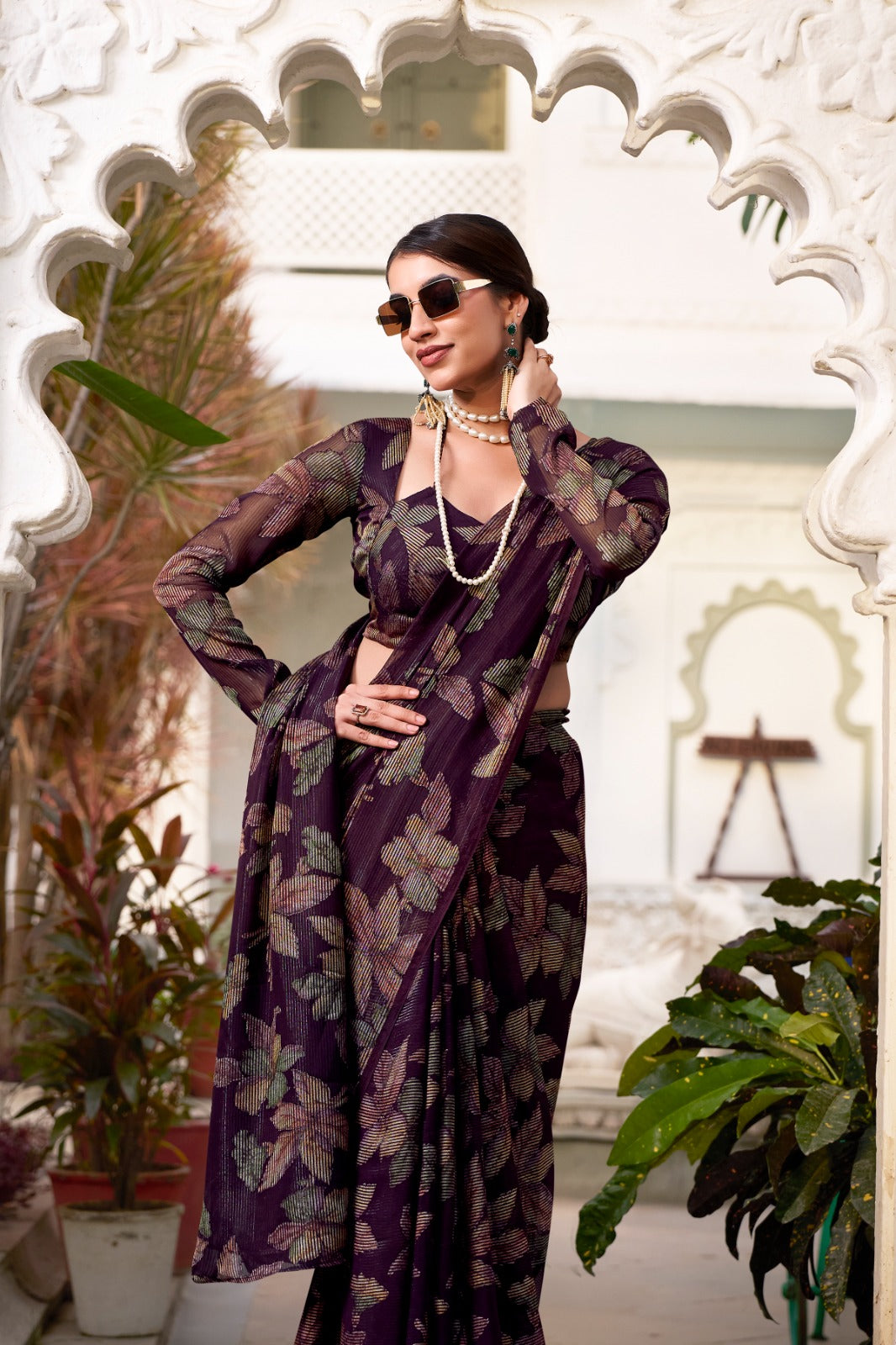 Wine Georgette Leaf Print Saree