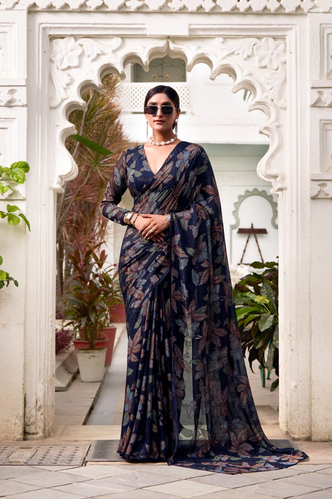 Navy Blue Luxurious Printed Georgette Saree