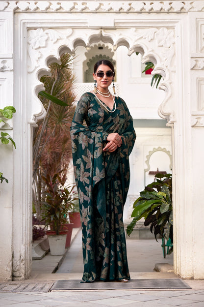 Forest Green Modern Floral Print Saree