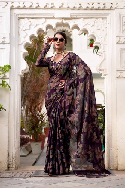 Wine Georgette Leaf Print Saree