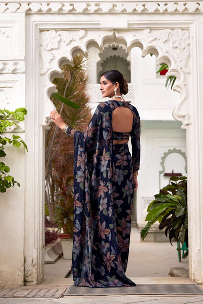 Navy Blue Luxurious Printed Georgette Saree