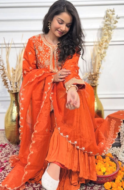 Orange Designer Party Wear Top & Sharara