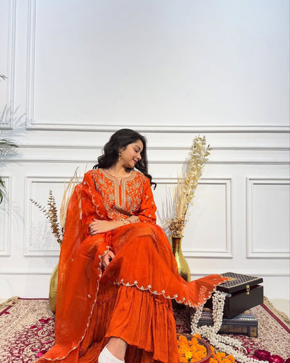 Orange Designer Party Wear Top & Sharara