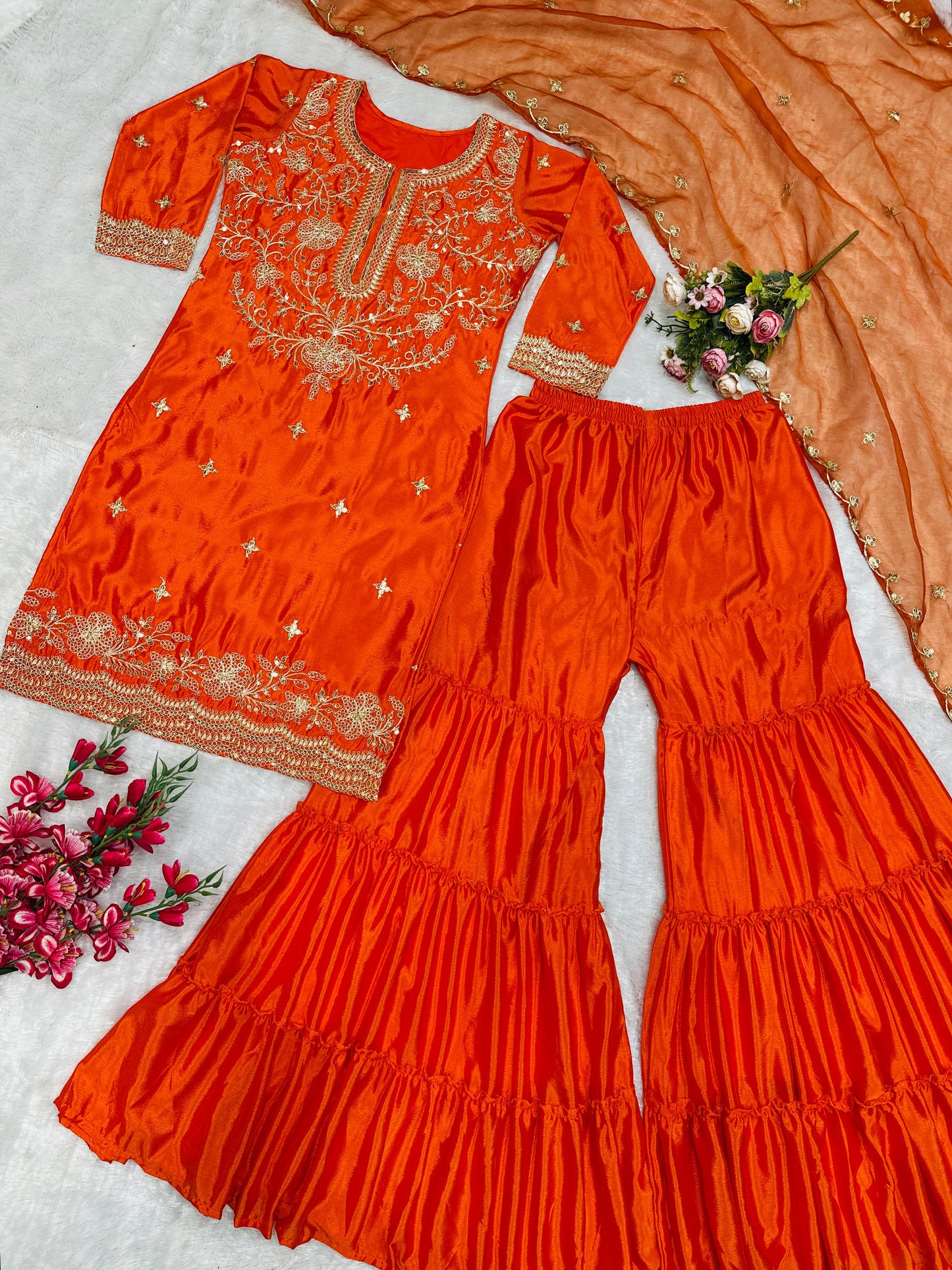 Orange Designer Party Wear Top & Sharara