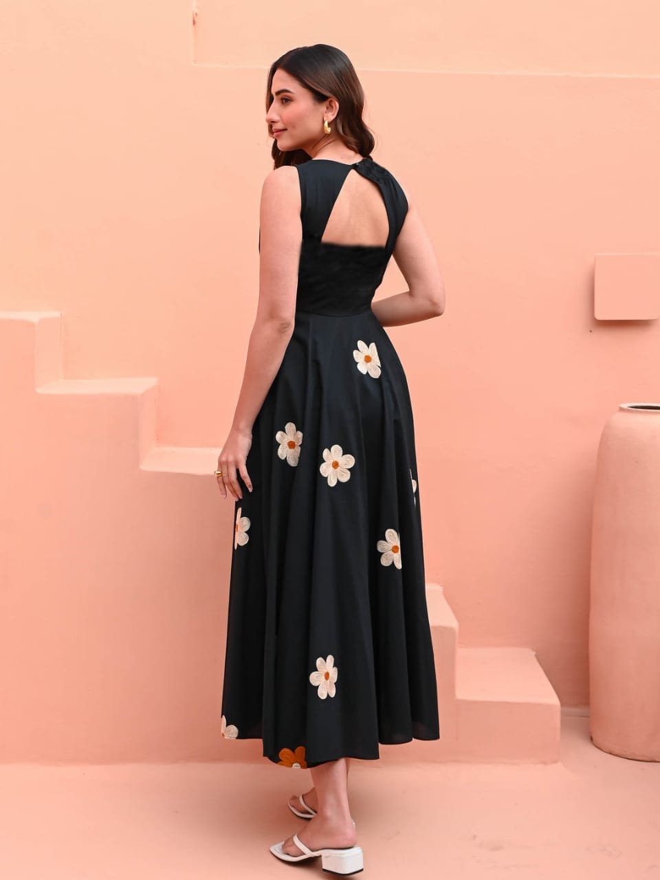 Black Midi Cotton Thread Work Gown