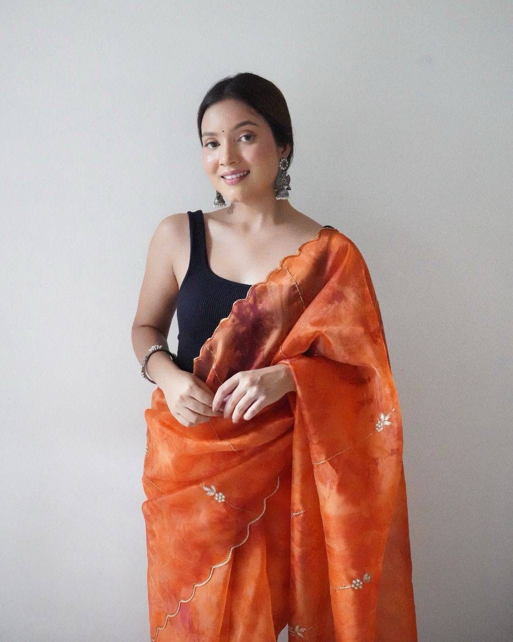 Orange Heavy Embroidery Lightweight Saree