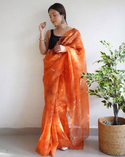 Orange Heavy Embroidery Lightweight Saree