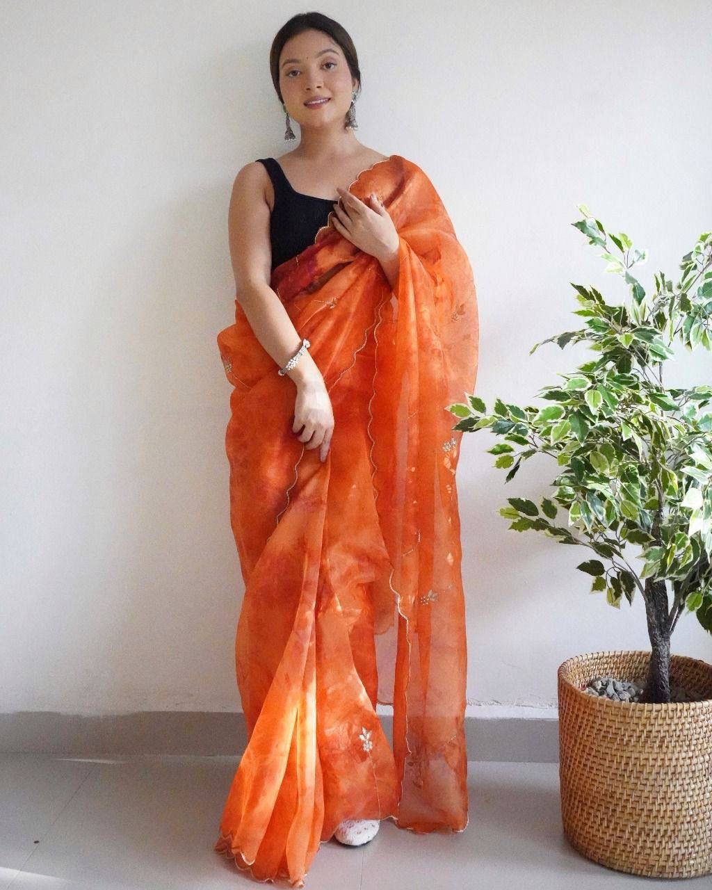 Orange Heavy Embroidery Lightweight Saree