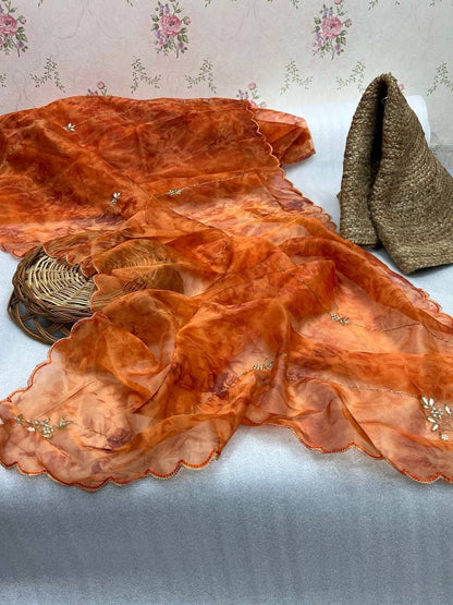Orange Heavy Embroidery Lightweight Saree