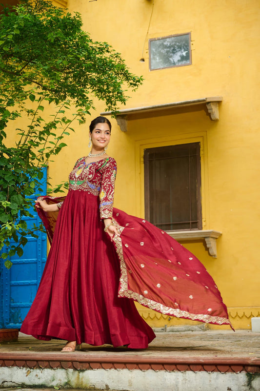 Red Vichitra Embroidery Multi Thread Gown