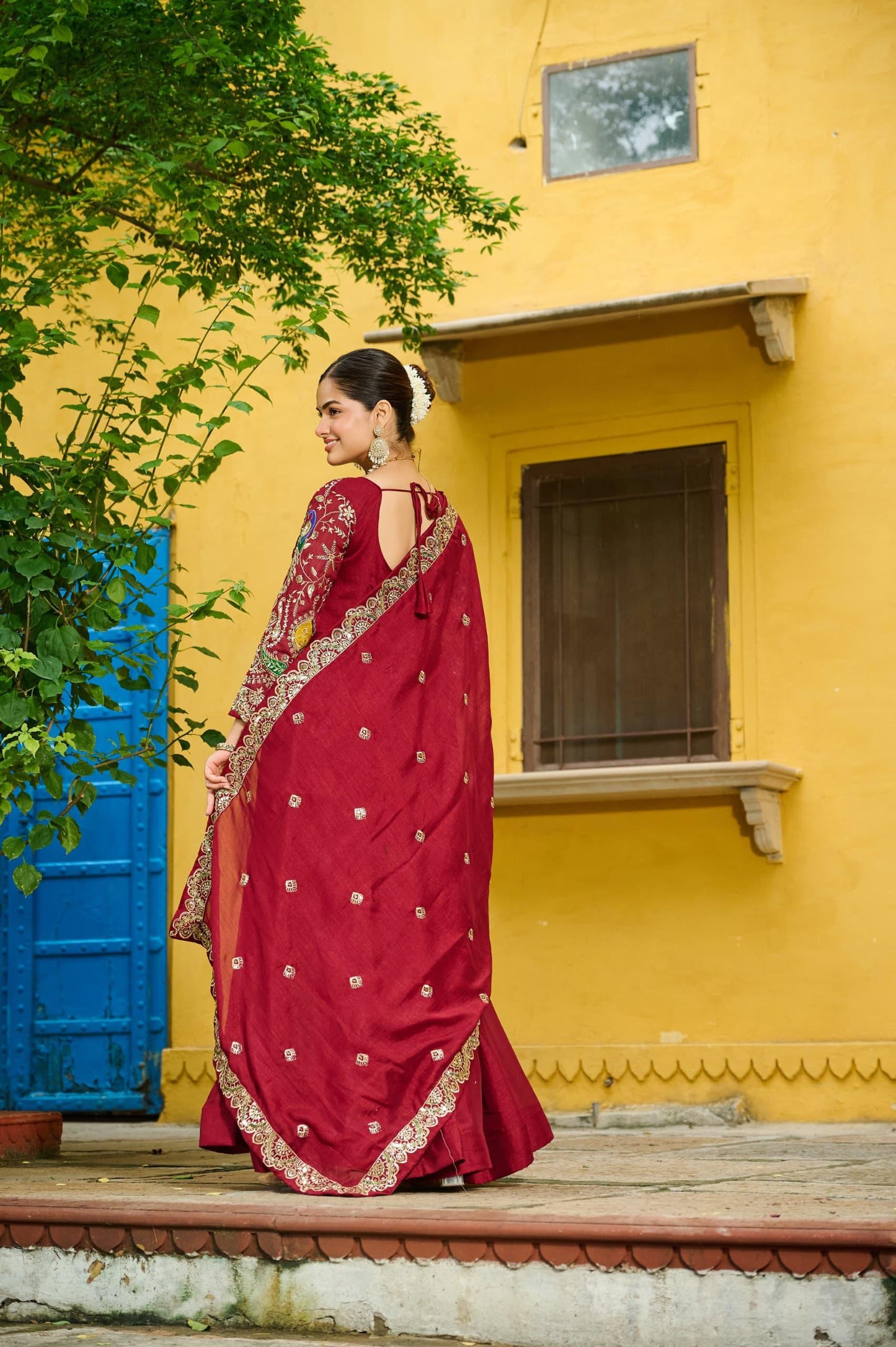Red Vichitra Embroidery Multi Thread Gown