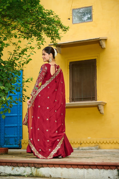 Red Vichitra Embroidery Multi Thread Gown