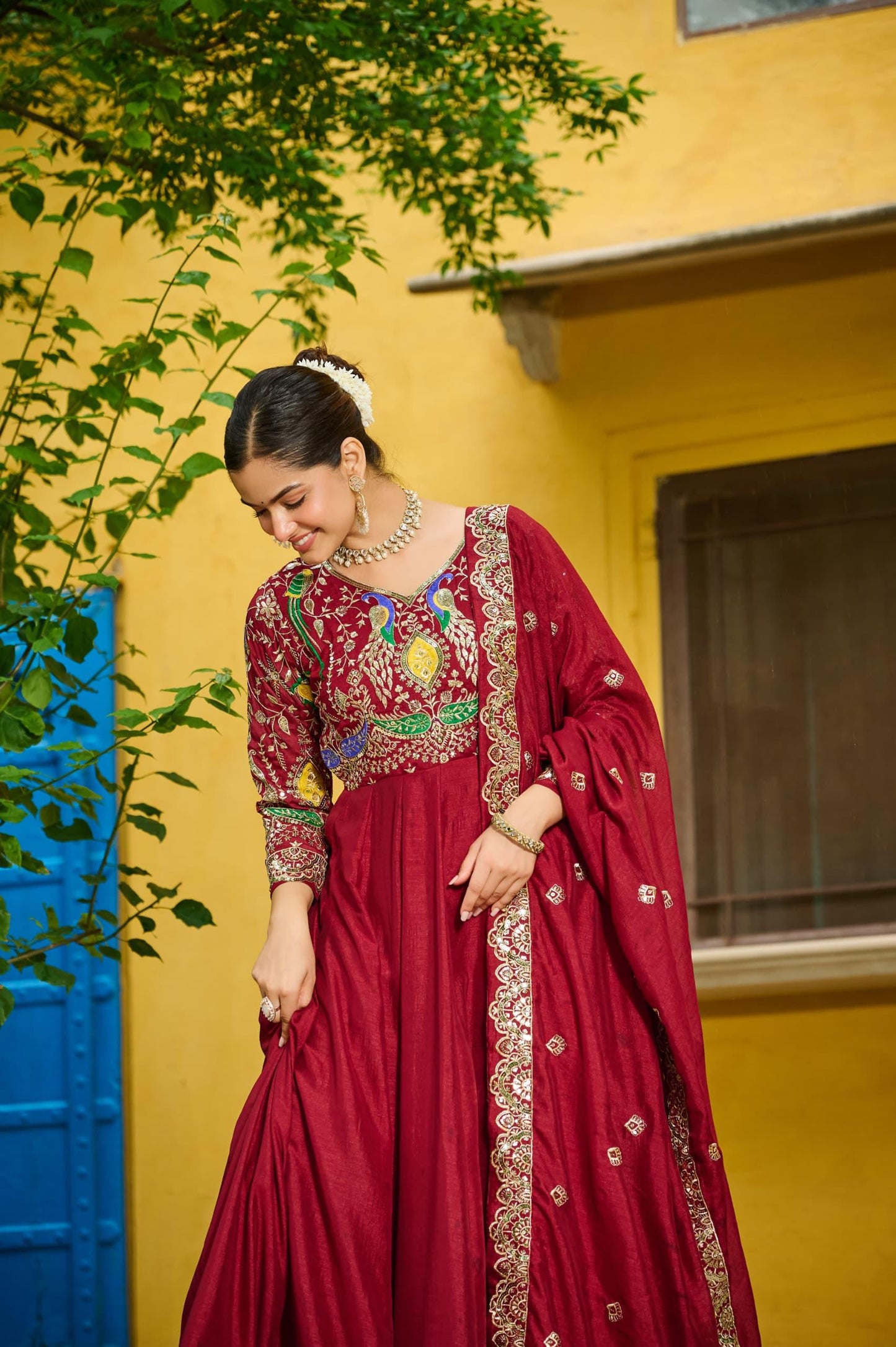 Red Vichitra Embroidery Multi Thread Gown