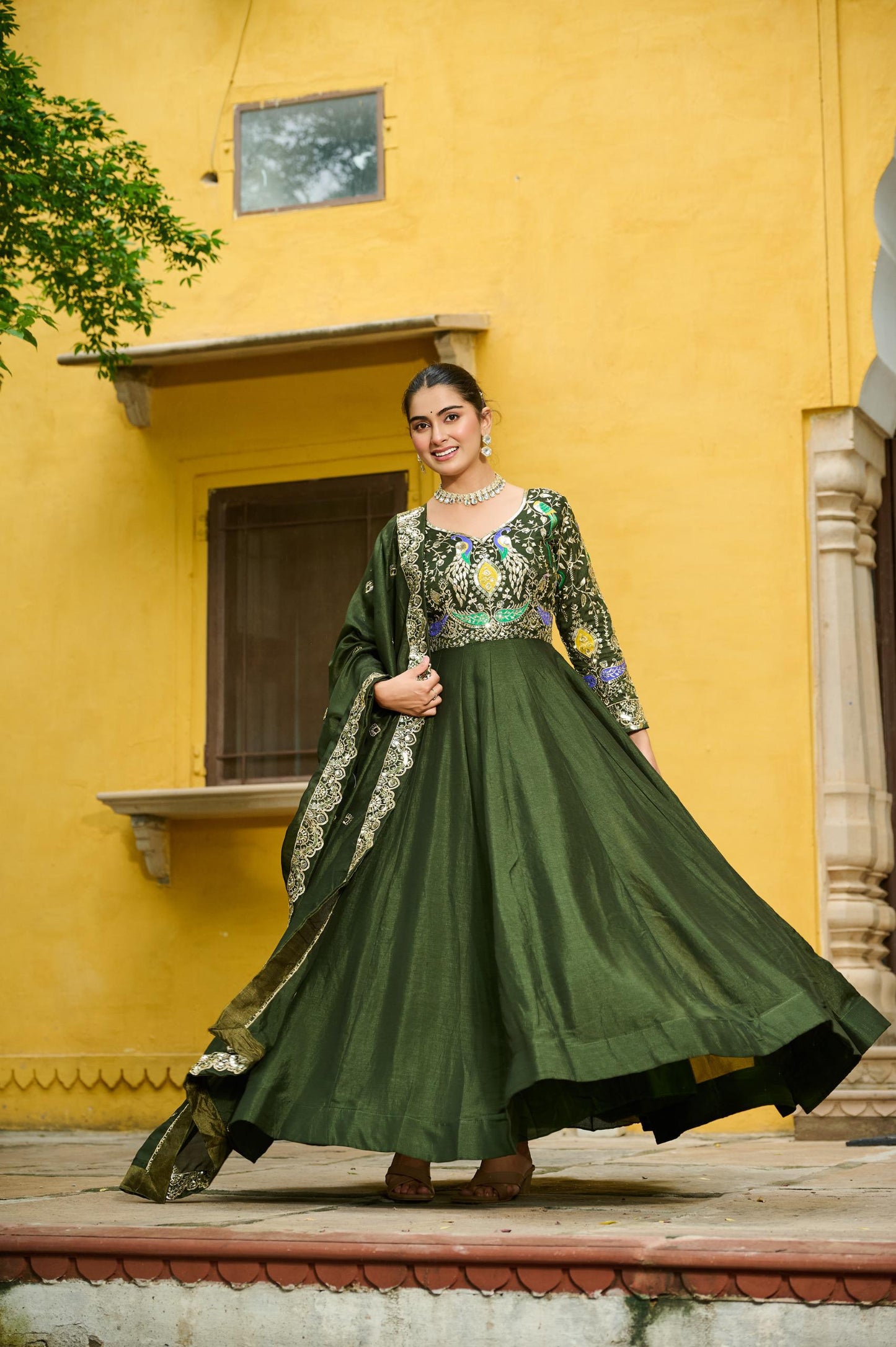 Green Elegant Embroidered Work Gown