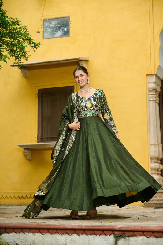 Green Elegant Embroidered Work Gown