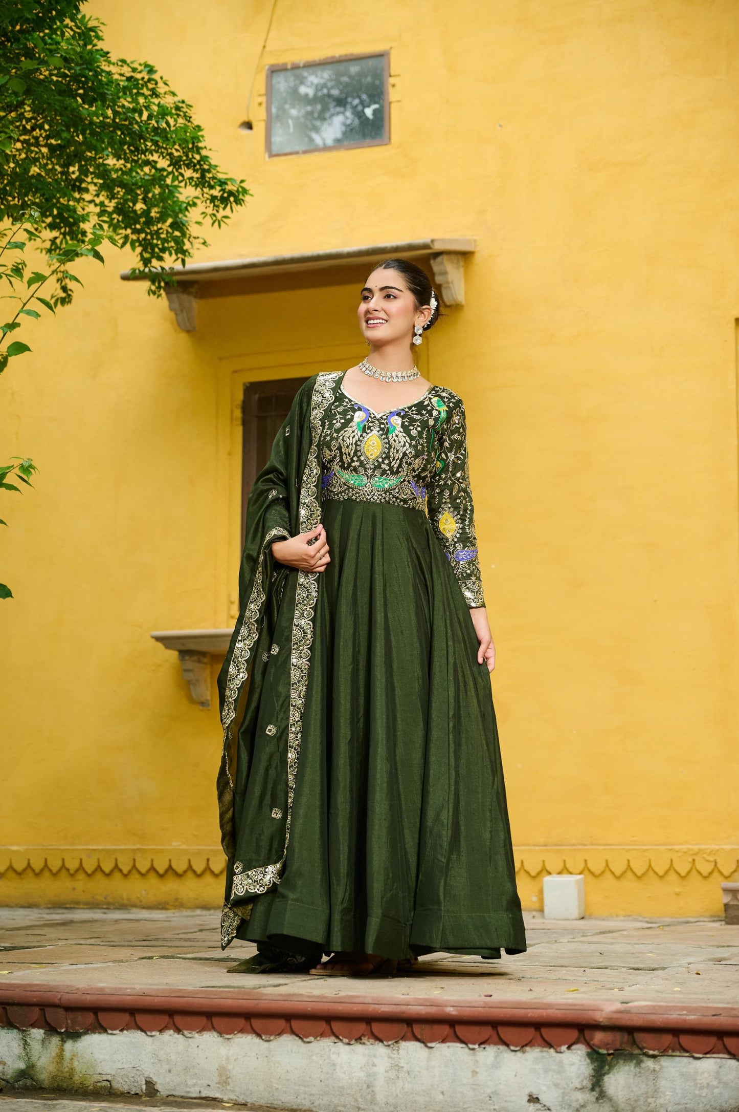 Green Elegant Embroidered Work Gown