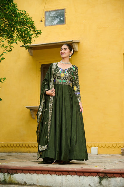 Green Elegant Embroidered Work Gown