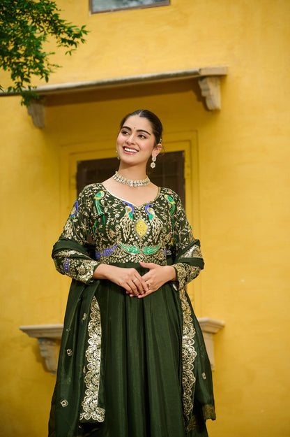 Green Elegant Embroidered Work Gown