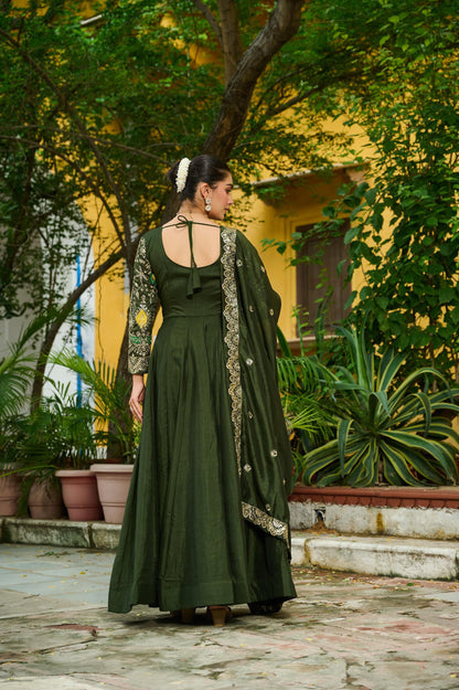 Green Elegant Embroidered Work Gown