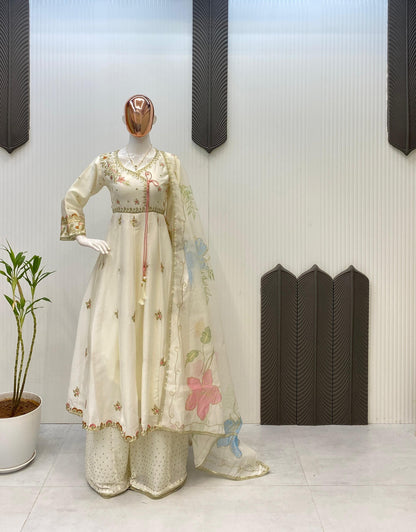 Off White Elegant Sequence 3 Piece Gown