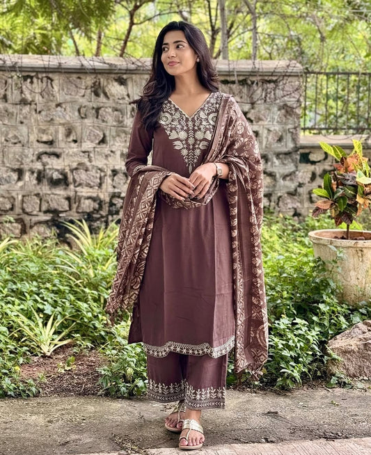 Brown Classic Embroidery Khadi