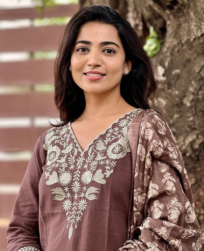 Brown Classic Embroidery Khadi