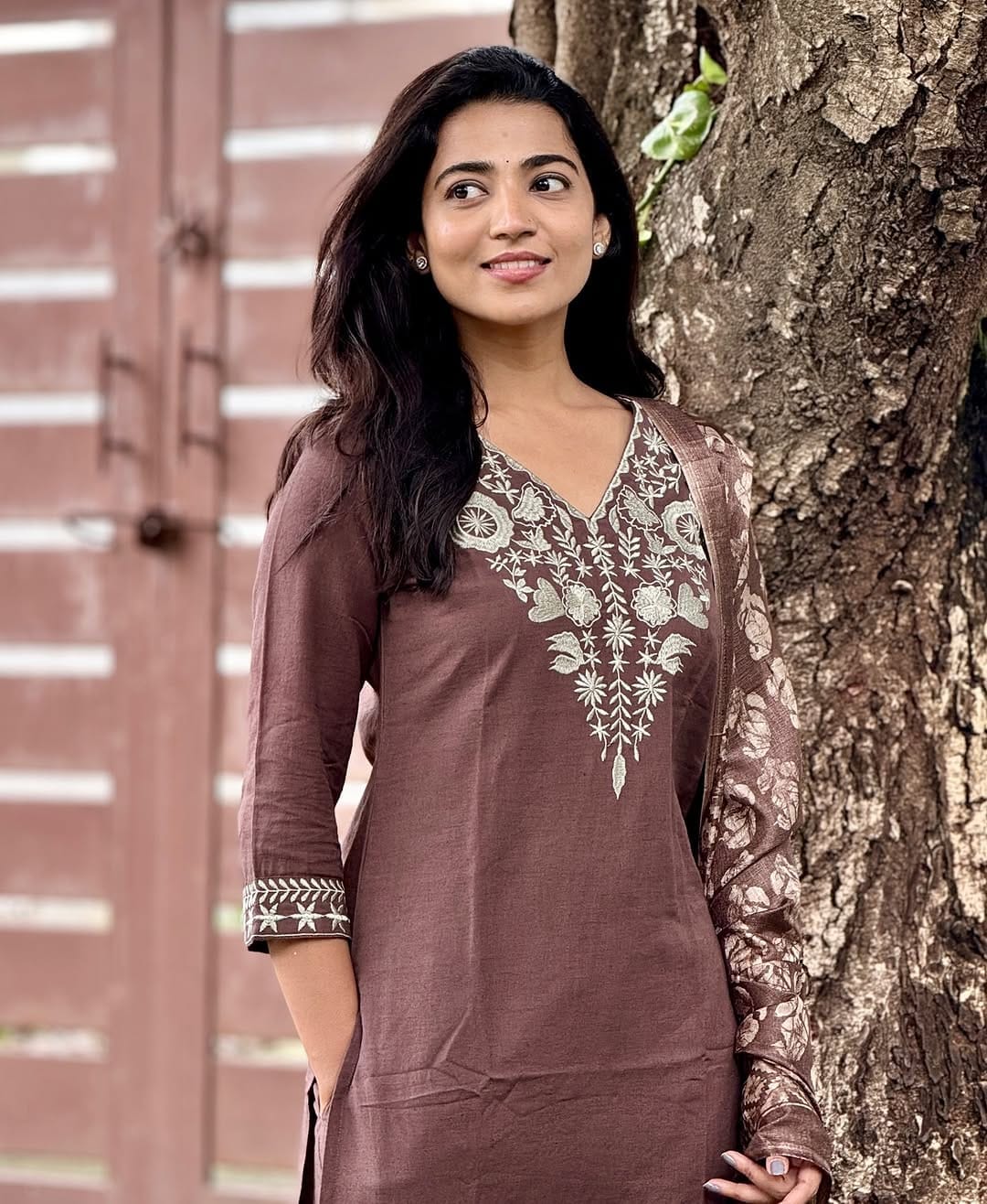 Brown Classic Embroidery Khadi